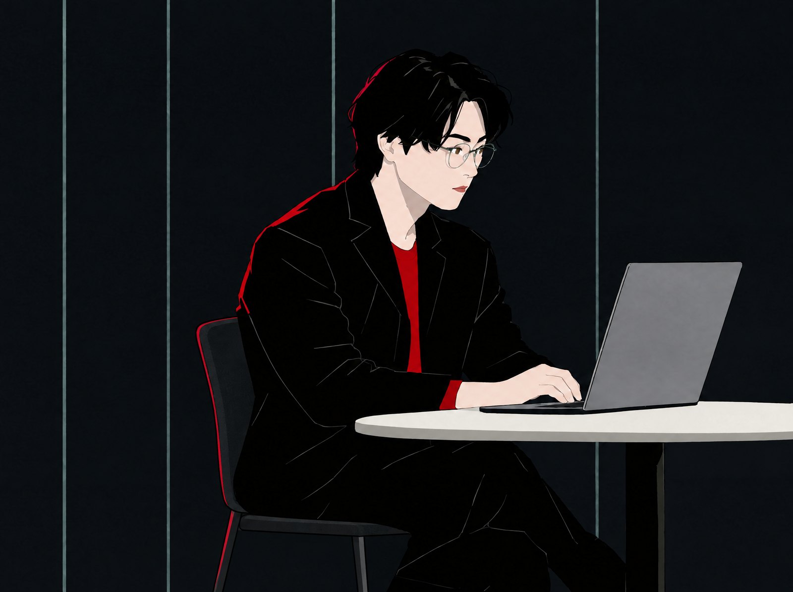 ノートPCで作業する小林弘汰のイラスト